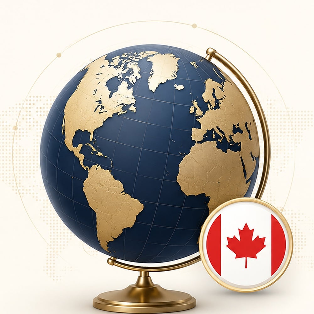 Navy and gold globe with a Canadian flag badge