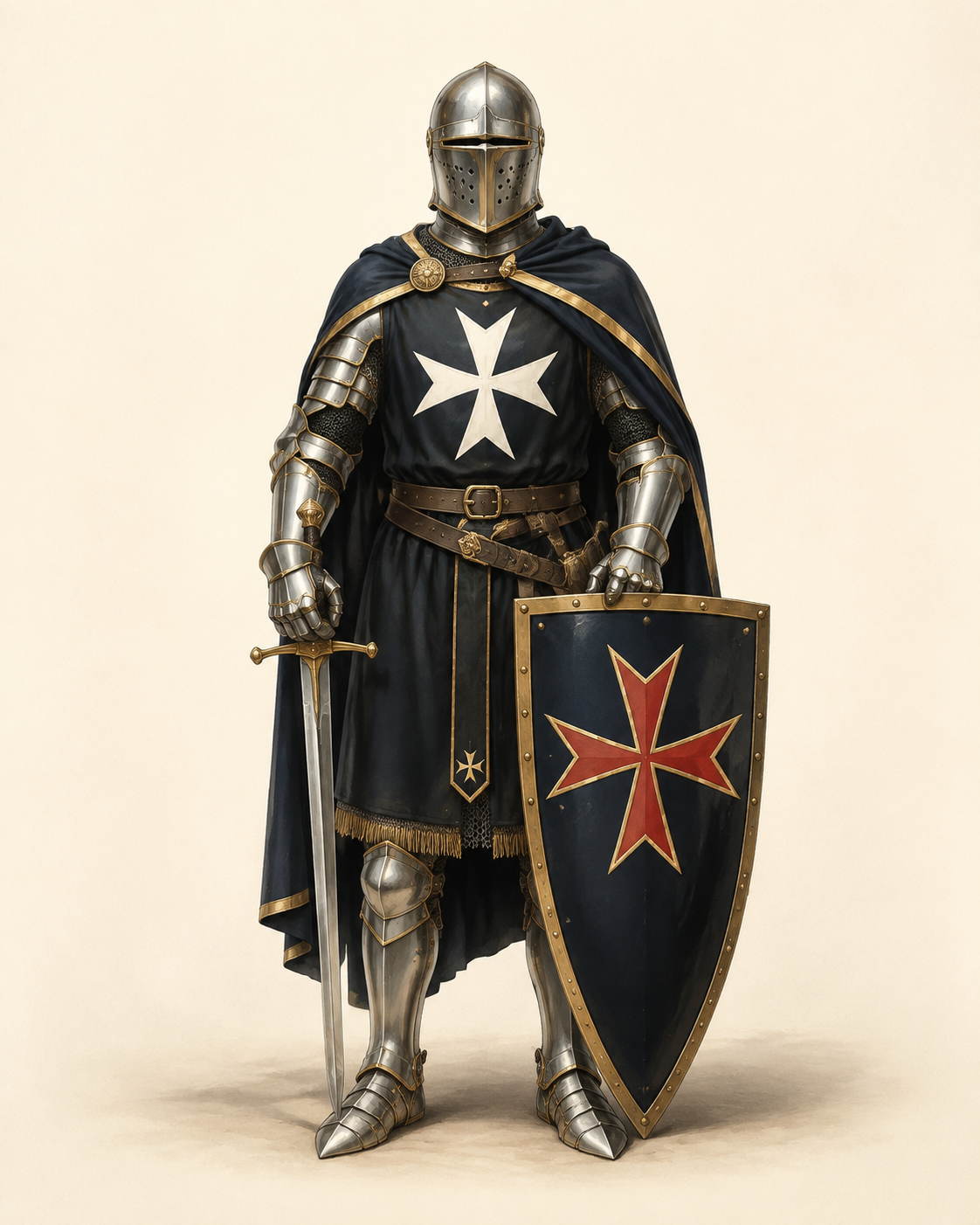 Maltese knight in polished armour with prominent eight-pointed Maltese crosses